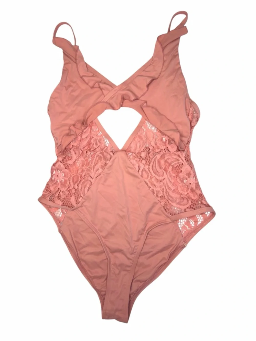 Paper Heart Swim Peach Ruffle Lace One Piece Swimsuit Cutout V Neck Size 6
